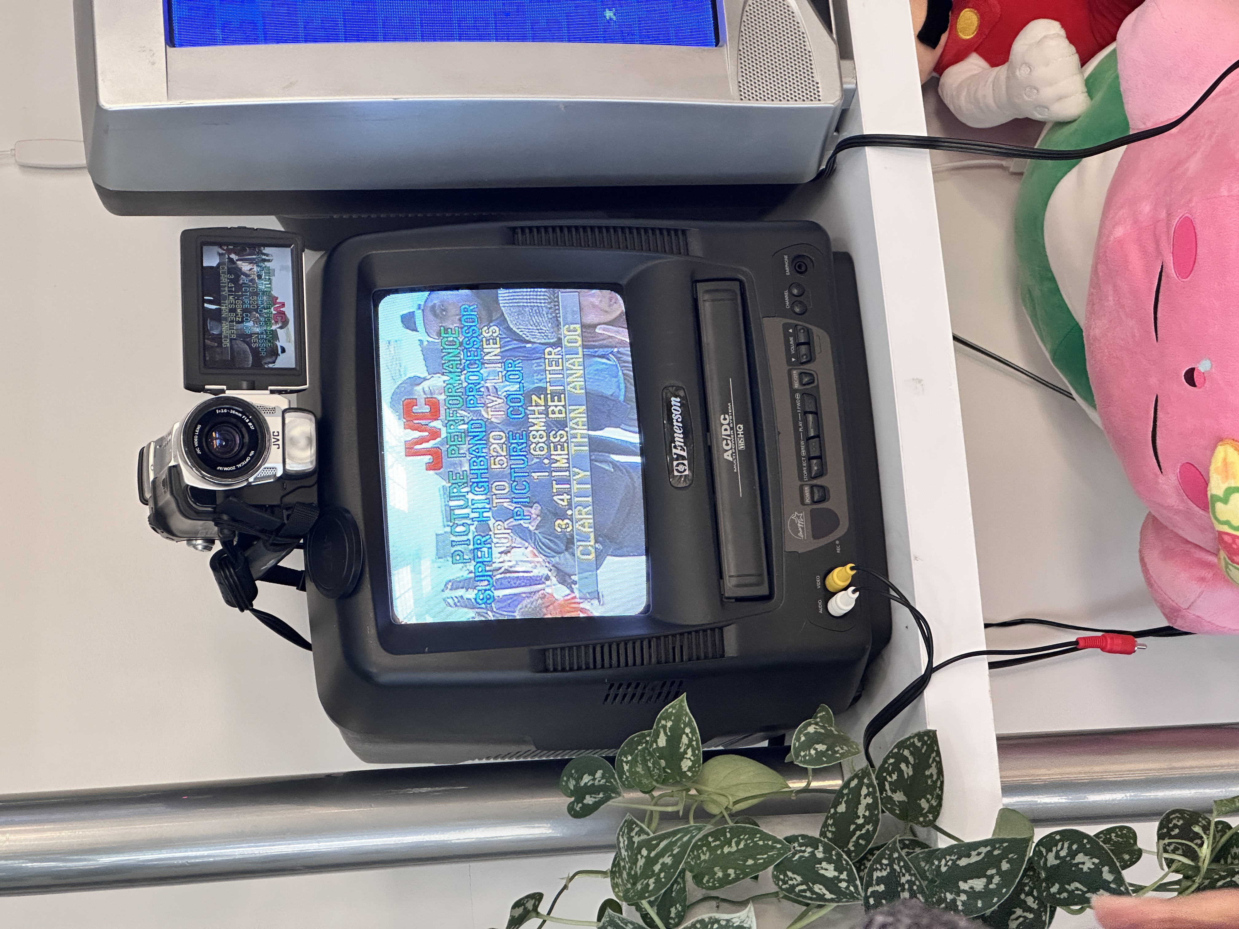 Retro setup with JVC camcorder on Emerson TV/VCR combo